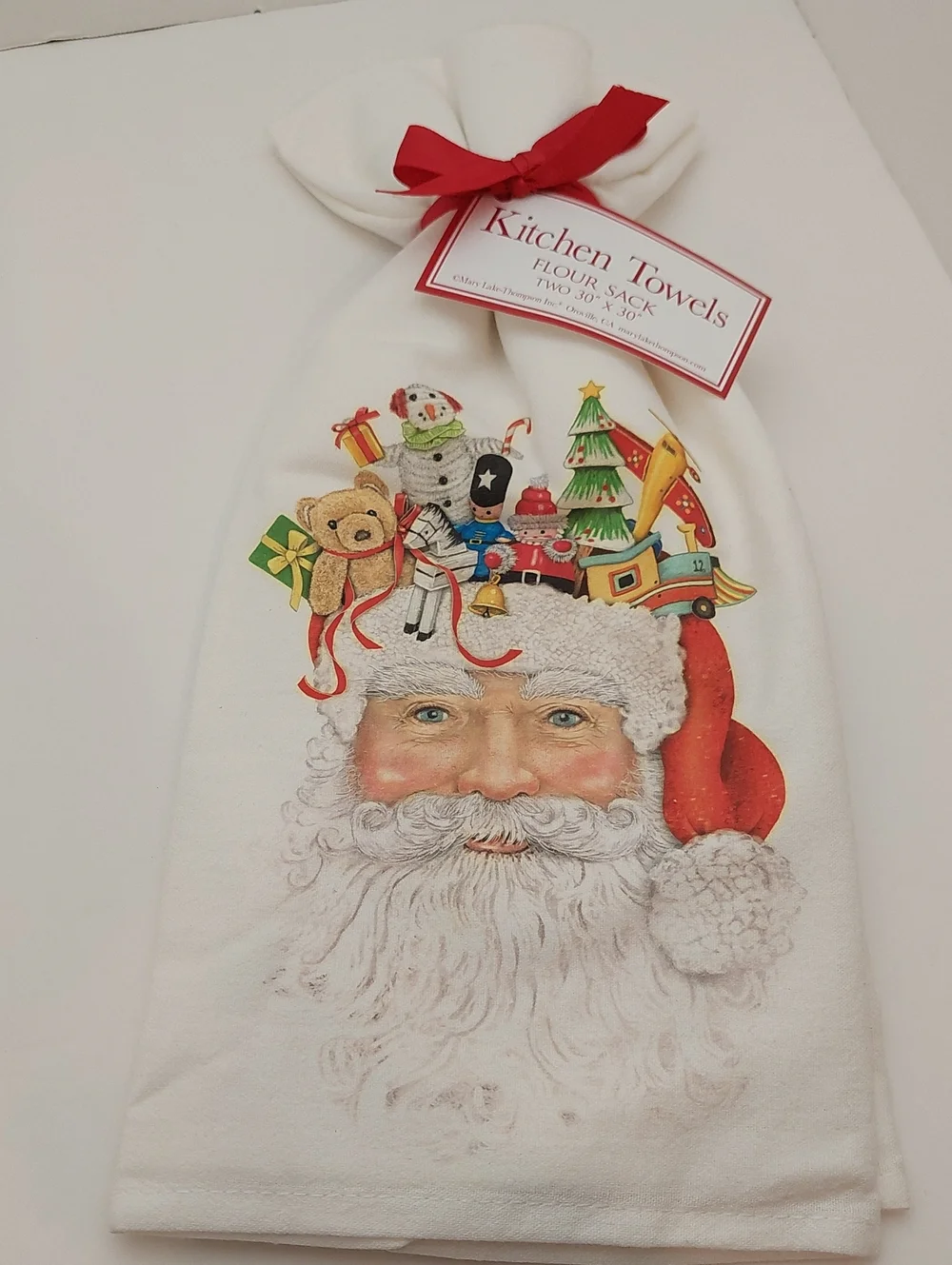 NEW 2 Flour Sack Cotton Towel Baking Christmas Santa White Red Accents Giftable